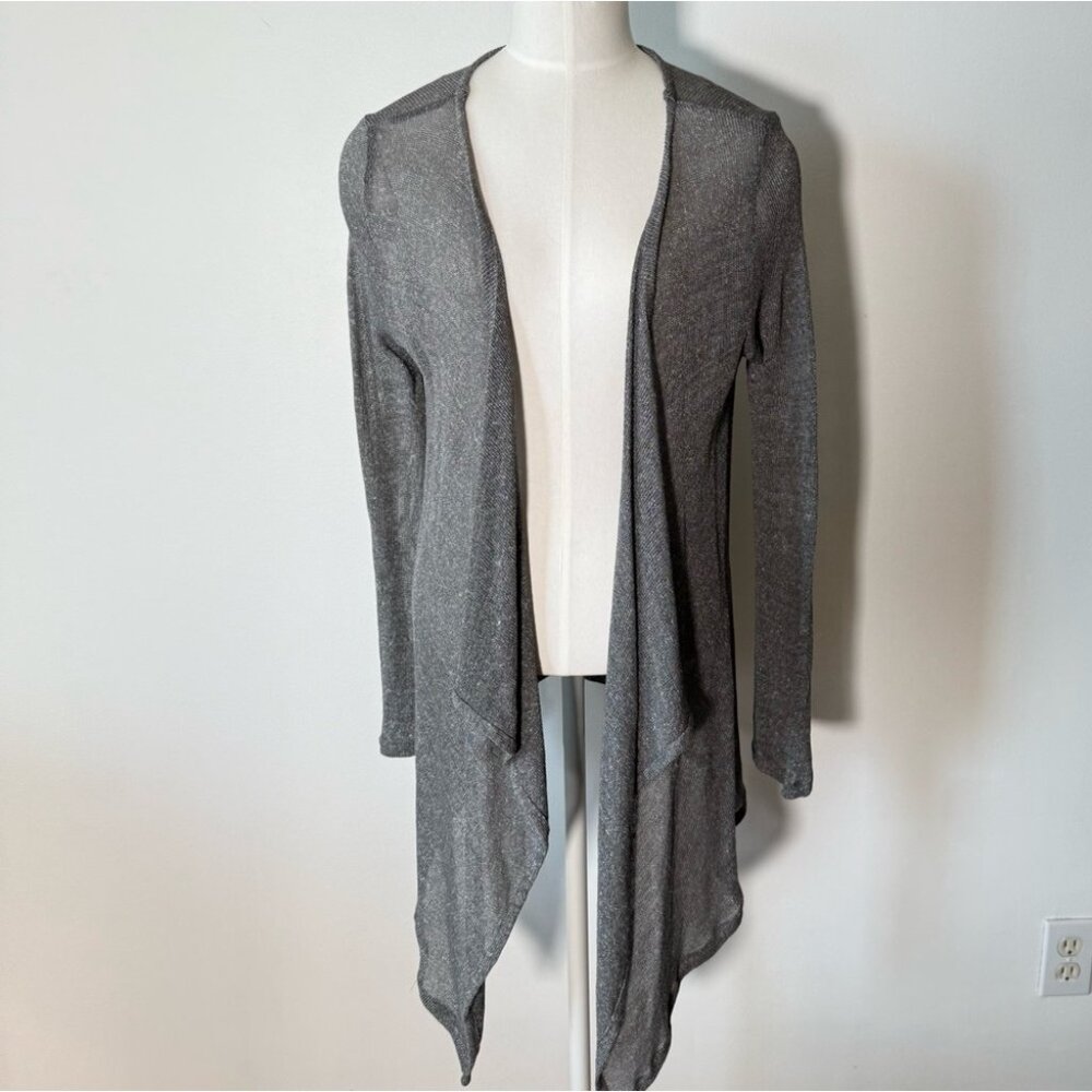 bryn Walker Linen Blend Gray Waterfall Cardigan Sweater Open Knit Lagenlook S